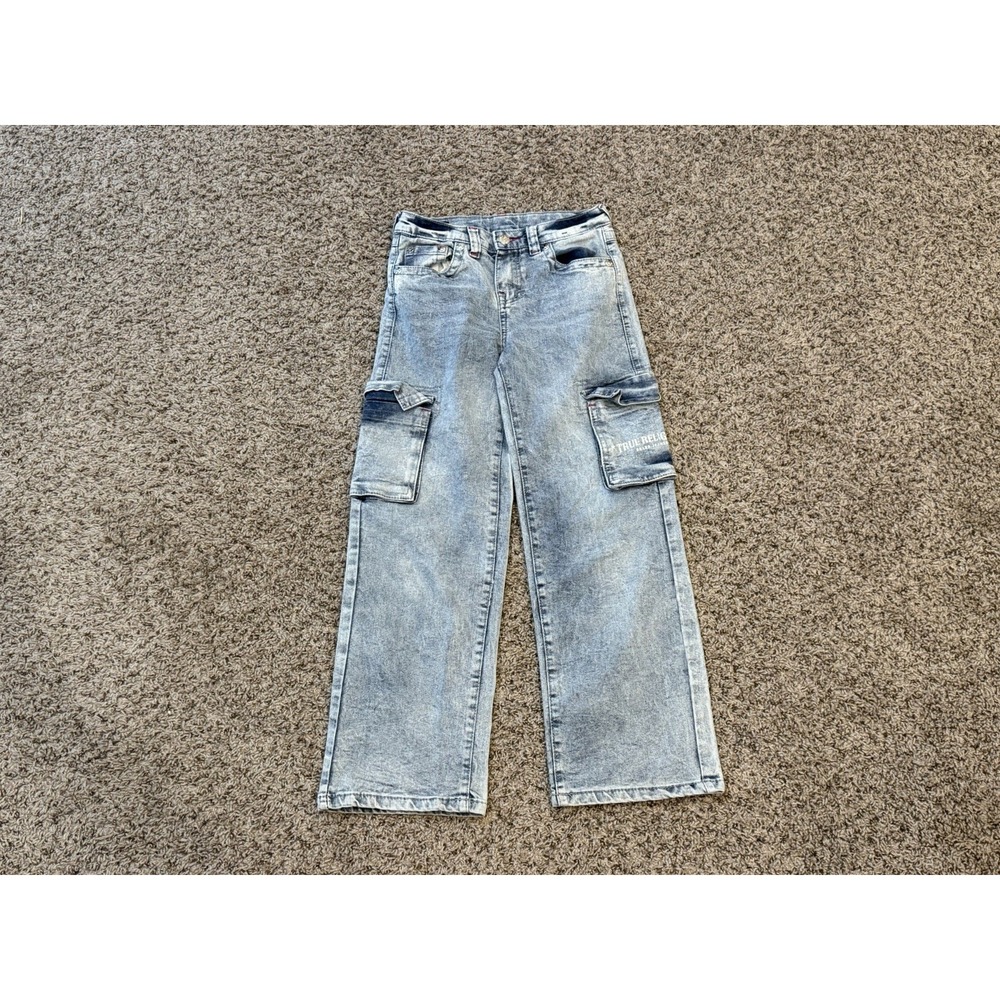 True Religion Leila Mid Rise Wide Leg Jeans Size 12 Pockets Cargo Embroidered